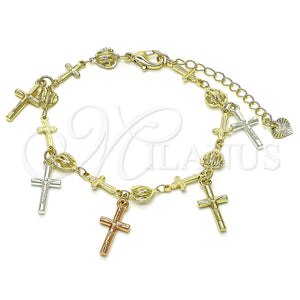 Gold Filled Bracelet — Charm Bracelet Crucifix and Heart Design Polished Tricolor — main product view — SKU 147250 | Oro Laminado brazalete — Charm Bracelet Crucifix and corazón diseño pulido Tricolor — SKU 147250