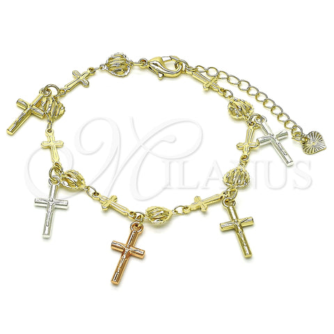 Oro Laminado Charm Bracelet, Gold Filled Style Crucifix and Heart Design, Polished, Tricolor, 03.351.0140.07 (07 MM Thickness, 7 Inches Length)