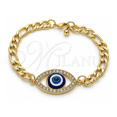 Oro Laminado Fancy Bracelet, Gold Filled Style Evil Eye Design, with White Crystal, Polished, Golden Finish, 03.351.0141.07 (06 MM Thickness, 8 Inches Length)