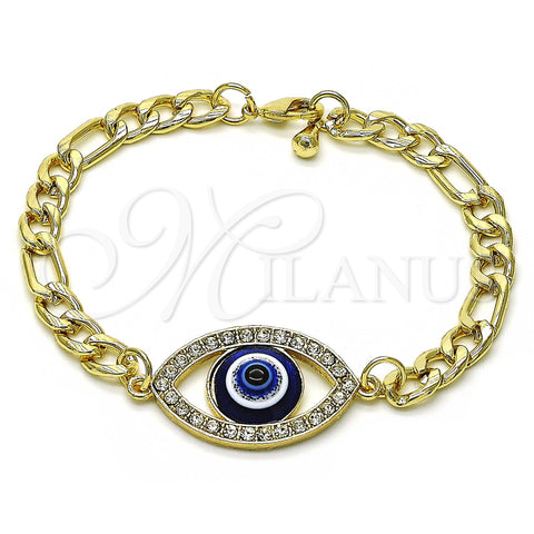 Oro Laminado Fancy Bracelet, Gold Filled Style Evil Eye Design, with White Crystal, Polished, Golden Finish, 03.351.0141.07 (06 MM Thickness, 8 Inches Length)