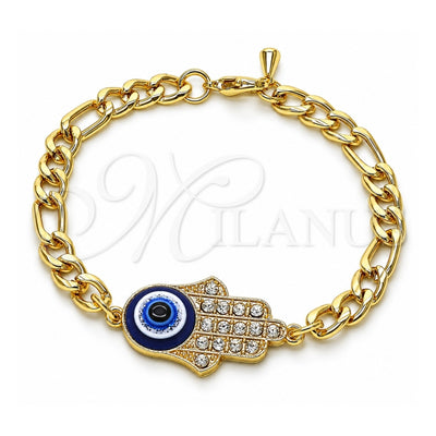Oro Laminado Fancy Bracelet, Gold Filled Style Hand of God and Judaica Design, with White Crystal, Blue Resin Finish, Golden Finish, 03.351.0142.08 (06 MM Thickness, 8 Inches Length)