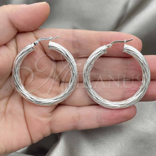 Sterling Silver Hoop Earrings — Medium Hoop Twist Design Diamond Cutting 02. — alternate product view — SKU 147281 | Plata 925 aretes de aro — Medium Hoop Twist diseño Diamond Cutting 02. — SKU 147281