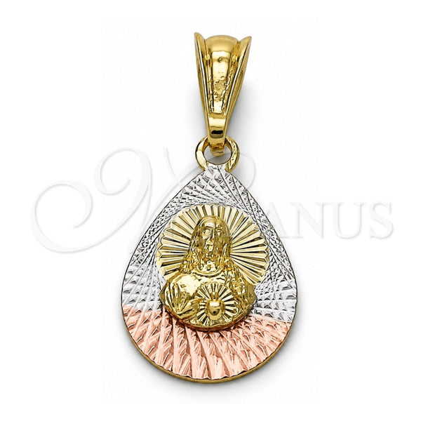 Oro Laminado Religious Pendant, Gold Filled Style Sagrado Corazon de Jesus and Teardrop Design, Diamond Cutting Finish, Tricolor, 05.351.0218