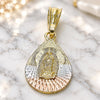 Oro Laminado Religious Pendant, Gold Filled Style Guadalupe and Teardrop Design, Diamond Cutting Finish, Tricolor, 05.351.0219