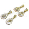 Oro Laminado Religious Pendant, Gold Filled Style Guadalupe and Teardrop Design, Diamond Cutting Finish, Tricolor, 05.351.0219
