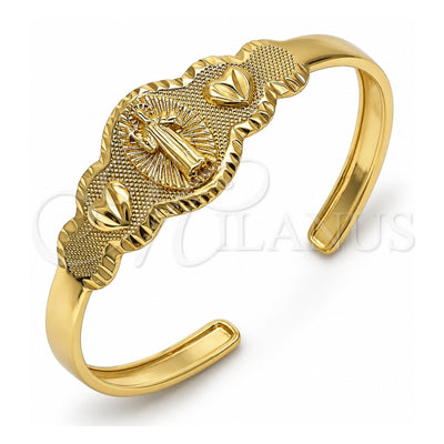 Oro Laminado Individual Bangle, Gold Filled Style San Benito and Heart Design, Diamond Cutting Finish, Golden Finish, 07.253.0021 (05 MM Thickness, One size fits all)