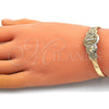 Oro Laminado Individual Bangle, Gold Filled Style San Judas and Heart Design, with Ruby Cubic Zirconia, Diamond Cutting Finish, Golden Finish, 07.253.0023 (05 MM Thickness, One size fits all)