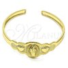 Oro Laminado Individual Bangle, Gold Filled Style San Judas and Heart Design, with Ruby Cubic Zirconia, Diamond Cutting Finish, Golden Finish, 07.253.0023 (05 MM Thickness, One size fits all)