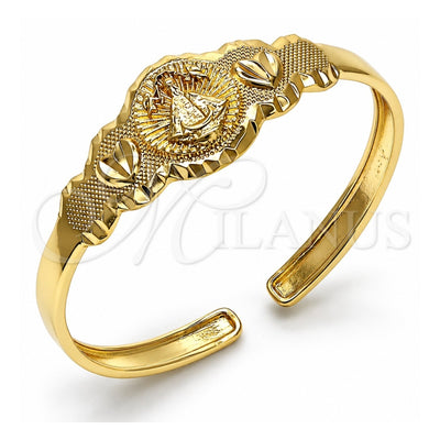 Oro Laminado Individual Bangle, Gold Filled Style Caridad del Cobre and Heart Design, Diamond Cutting Finish, Golden Finish, 07.253.0024 (05 MM Thickness, One size fits all)