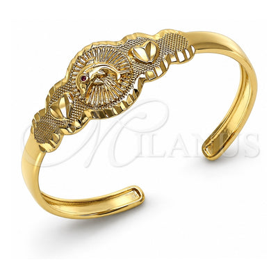 Oro Laminado Individual Bangle, Gold Filled Style Dolphin and Heart Design, with Ruby Cubic Zirconia, Diamond Cutting Finish, Golden Finish, 07.253.0026 (05 MM Thickness, One size fits all)