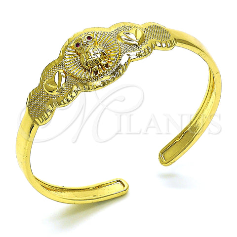 Oro Laminado Individual Bangle, Gold Filled Style Owl and Heart Design, with Ruby Cubic Zirconia, Diamond Cutting Finish, Golden Finish, 07.253.0028 (05 MM Thickness, One size fits all)