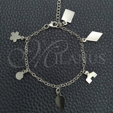Sterling Silver Charm Bracelet, Flower and Rolo Design, Polished, Silver Finish, 03.392.0009 (03 MM Thickness, 7 Inches Length)