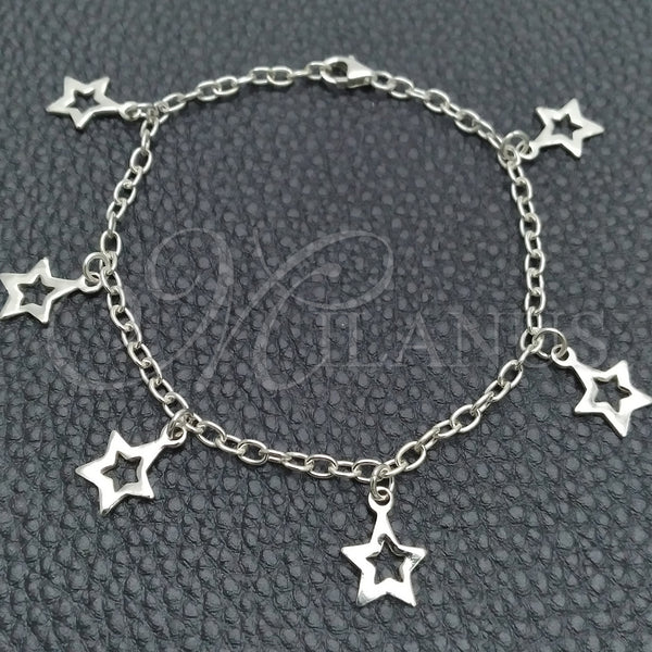 Sterling Silver Bracelet — Charm Bracelet Star and Rolo Design Polished 03. — main product view — SKU 147319 | Plata 925 brazalete — Charm Bracelet estrella and Rolo diseño pulido 03. — SKU 147319
