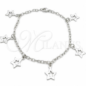 Sterling Silver Charm Bracelet, Star and Rolo Design, Polished, Silver Finish, 03.392.0010.07 (03 MM Thickness, 7 Inches Length)