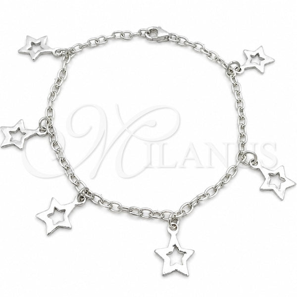 Sterling Silver Charm Bracelet, Star and Rolo Design, Polished, Silver Finish, 03.392.0010.07 (03 MM Thickness, 7 Inches Length)