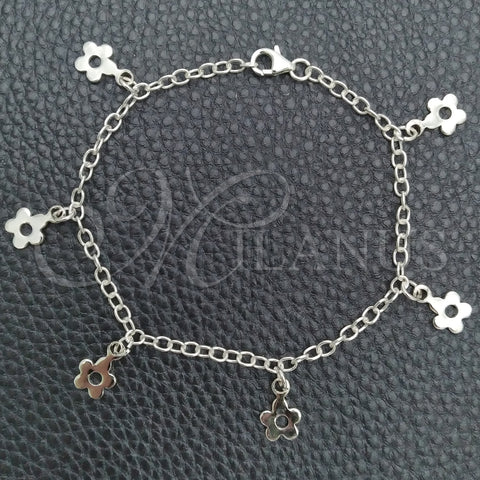 Sterling Silver Charm Bracelet, Flower and Rolo Design, Polished, Silver Finish, 03.392.0011.07 (03 MM Thickness, 7 Inches Length)
