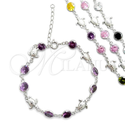 Sterling Silver Fancy Bracelet, Turtle Design, with Multicolor Cubic Zirconia, Polished, Silver Finish, 03.394.0001.07 (07 MM Thickness, 7 Inches Length)