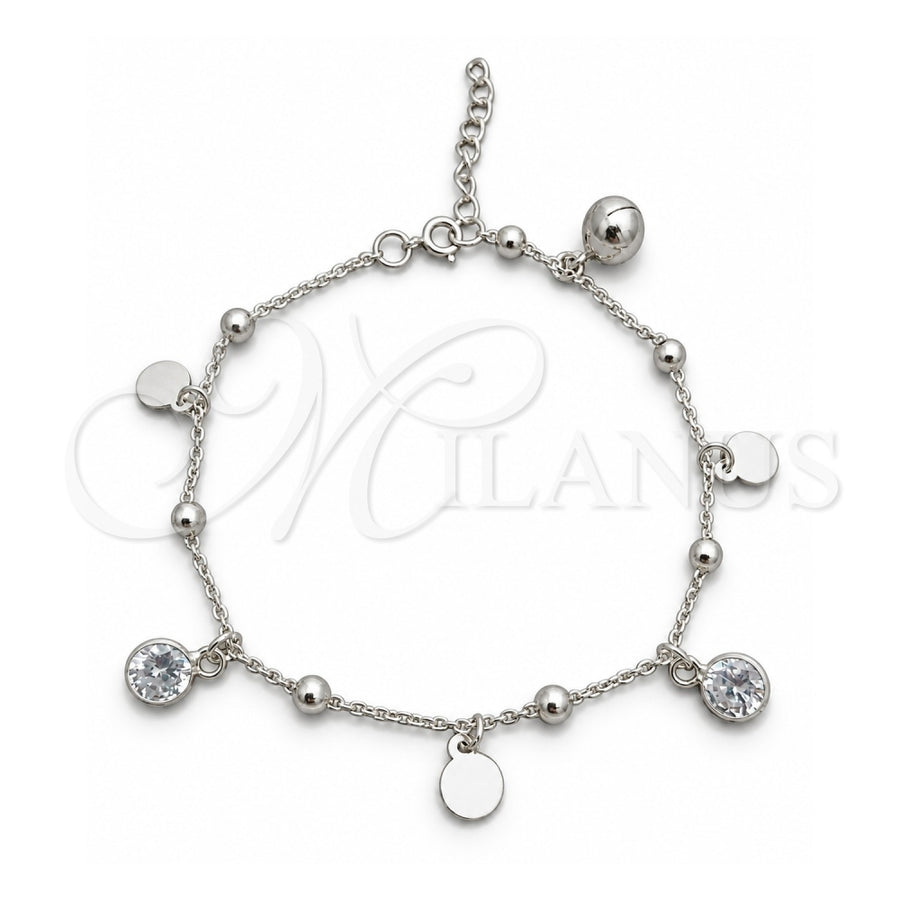 Sterling Silver Charm Bracelet, Ball and Rattle Charm Design, with White Cubic Zirconia, Polished, Silver Finish, 03.395.0003.07 (03 MM Thickness, 8 Inches Length)