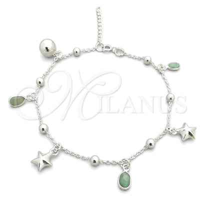 Sterling Silver Charm Bracelet, Star and Rattle Charm Design, with Fern Green Cubic Zirconia, Polished, Silver for wholesale, main product view