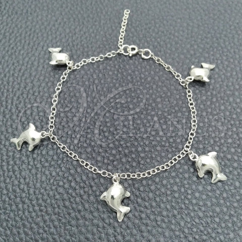 Sterling Silver Charm Bracelet, Dolphin and Rolo Design, Polished, Silver Finish, 03.395.0013.07 (03 MM Thickness, 8 Inches Length)