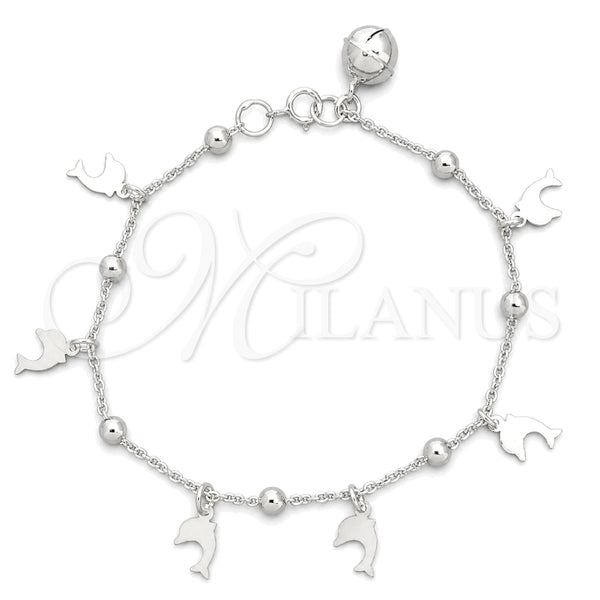 Sterling Silver Charm Bracelet, Dolphin and Rattle Charm Design, Polished, Silver Finish, 03.395.0019.07 (03 MM Thickness, 8 Inches Length)