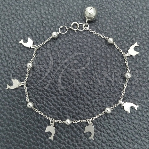 Sterling Silver Charm Bracelet, Dolphin and Rattle Charm Design, Polished, Silver Finish, 03.395.0019.07 (03 MM Thickness, 8 Inches Length)