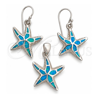 Sterling Silver Earring and Pendant Adult Set, Star Design, with Bermuda Blue Opal, Polished, Silver Finish, 10.391.0003