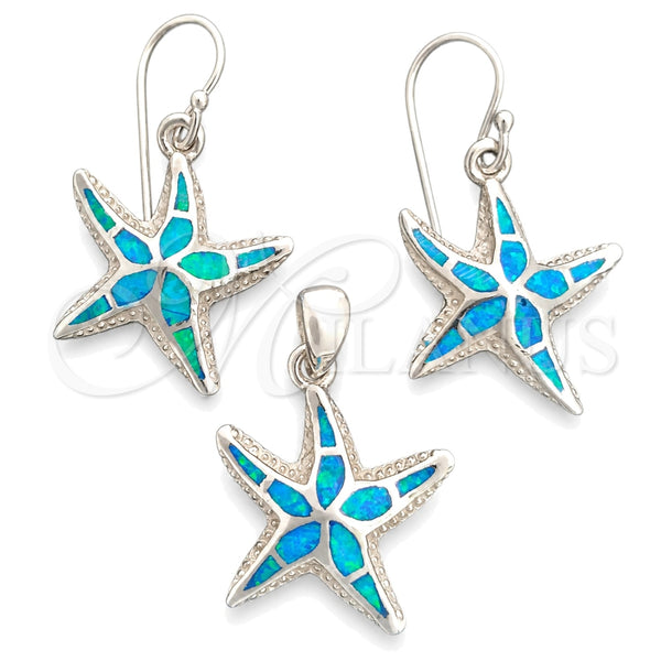 Sterling Silver Earring and Pendant Adult Set, Star Design, with Bermuda Blue Opal, Polished, Silver Finish, 10.391.0003