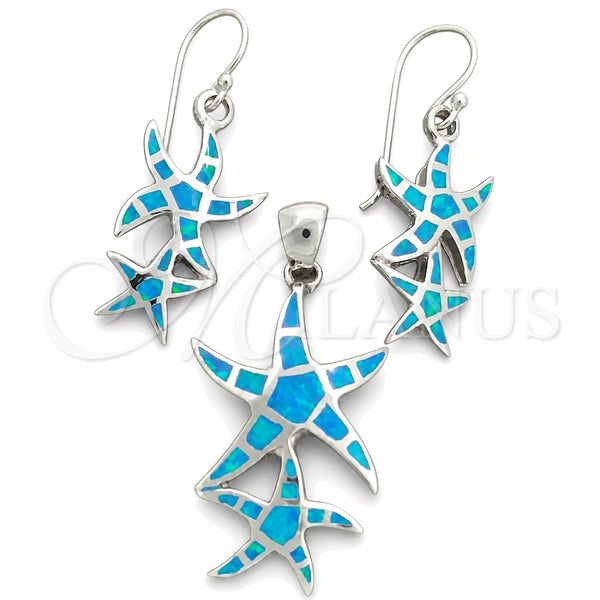 Sterling Silver Earring and Pendant Adult Set, Star Design, with Bermuda Blue Opal, Polished, Silver Finish, 10.391.0009