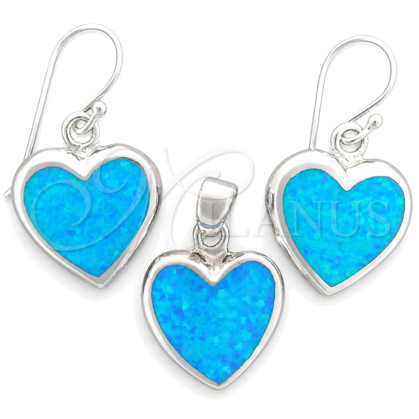 Sterling Silver Earring and Pendant Adult Set, Heart Design, with Bermuda Blue Opal, Polished, Silver Finish, 10.391.0014