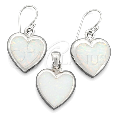 Sterling Silver Earring and Pendant Adult Set, Heart Design, with White Opal, Polished, Silver Finish for wholesale, main product view