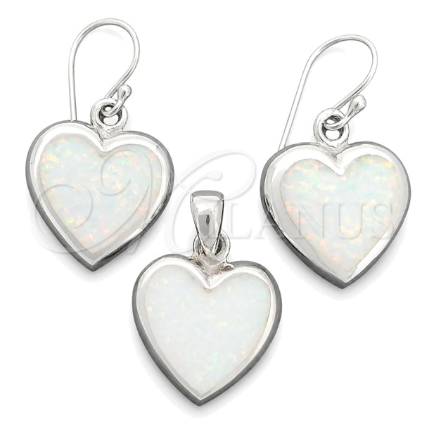Sterling Silver Earring and Pendant Adult Set, Heart Design, with White Opal, Polished, Silver Finish, 10.391.0014.1
