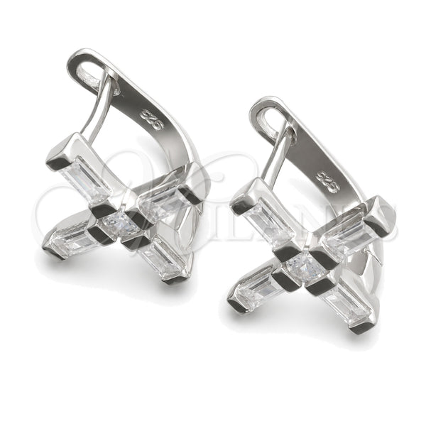 Sterling Silver Leverback Earring, Cross Design, with White Cubic Zirconia, Polished, Rhodium Finish, 02.398.0001