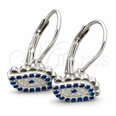 Sterling Silver Leverback Earring, Evil Eye Design, with White and Sapphire Blue Cubic Zirconia, Polished, Rhodium Finish, 02.398.0002