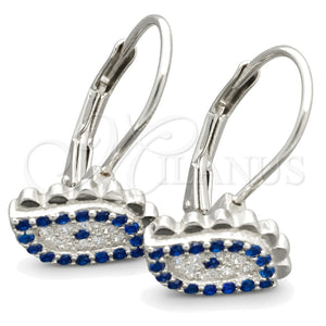 Sterling Silver Leverback Earring, Evil Eye Design, with White and Sapphire Blue Cubic Zirconia, Polished, Rhodium Finish, 02.398.0002