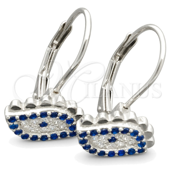 Sterling Silver Leverback Earring, Evil Eye Design, with White and Sapphire Blue Cubic Zirconia, Polished, Rhodium Finish, 02.398.0002