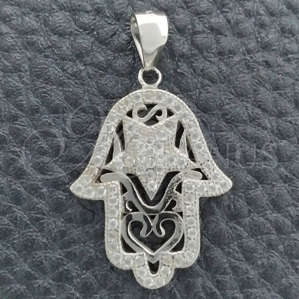 Sterling Silver Religious Pendant, Judaica and Hand of God Design, with White Cubic Zirconia, Polished, Rhodium Finish, 05.398.0003