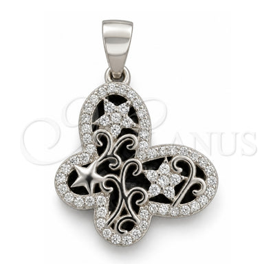 Sterling Silver Fancy Pendant, Butterfly Design, with White Cubic Zirconia, Polished, Rhodium Finish, 05.398.0004