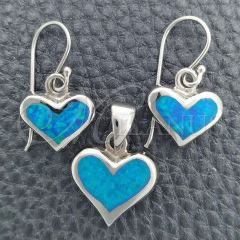 Sterling Silver Earring and Pendant Adult Set, Heart Design, with Bermuda Blue Opal, Polished, Silver Finish, 10.391.0016