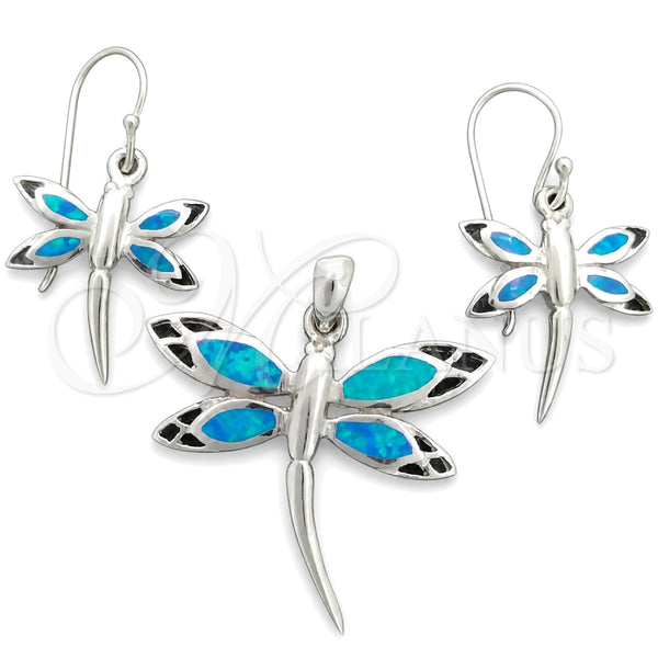 Sterling Silver Earring and Pendant Adult Set, Dragon-Fly Design, with Bermuda Blue Opal, Polished, Silver Finish, 10.391.0020