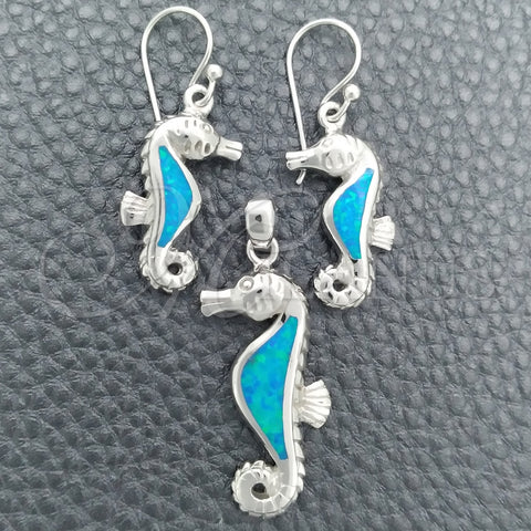 Sterling Silver Earring and Pendant Adult Set, Seahorse Design, with Bermuda Blue Opal, Polished, Silver Finish, 10.391.0021