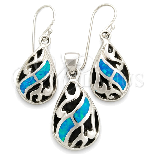 Sterling Silver Earring and Pendant Adult Set, Teardrop and Filigree Design, with Bermuda Blue Opal, Polished, Silver Finish, 10.391.0023