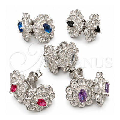 Sterling Silver Stud Earring, Flower Design, with White Cubic Zirconia, Polished, Silver Finish, 02.398.0003