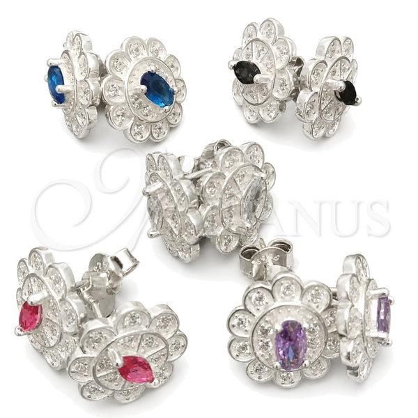 Sterling Silver Stud Earring, Flower Design, with White Cubic Zirconia, Polished, Silver Finish, 02.398.0003