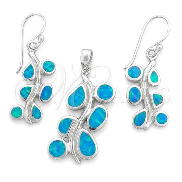 Sterling Silver Earring and Pendant Adult Set, Leaf Design, with Bermuda Blue Opal, Polished, Silver Finish, 10.391.0026