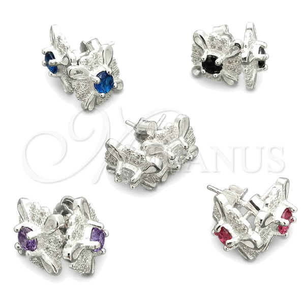 Sterling Silver Stud Earring, Flower Design, with White Cubic Zirconia, Polished, Silver Finish, 02.398.0005