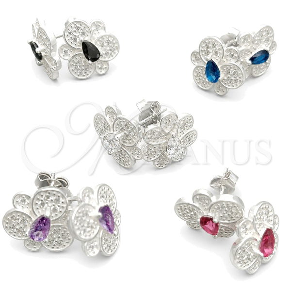 Sterling Silver Stud Earring, Flower Design, with White Cubic Zirconia, Polished, Silver Finish, 02.398.0007