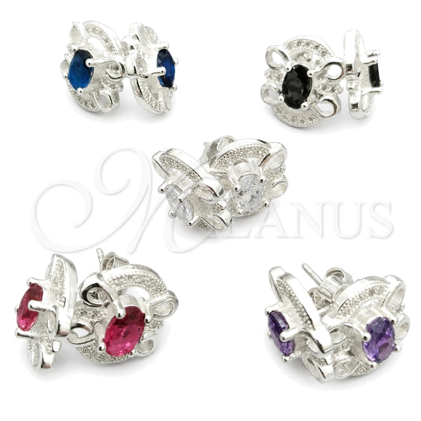 Sterling Silver Stud Earring, Flower Design, with White Cubic Zirconia, Polished, Silver Finish, 02.398.0008