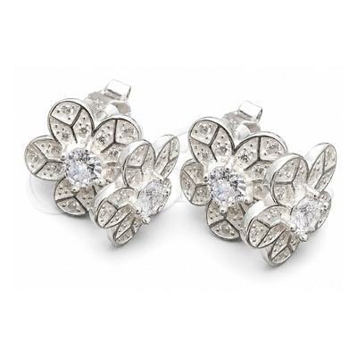 Sterling Silver Stud Earring, Flower Design, with White Cubic Zirconia, Polished, Silver Finish, 02.398.0009