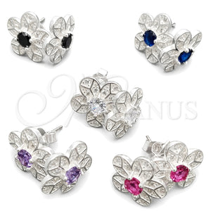 Sterling Silver Stud Earring, Flower Design, with White Cubic Zirconia, Polished, Silver Finish, 02.398.0009